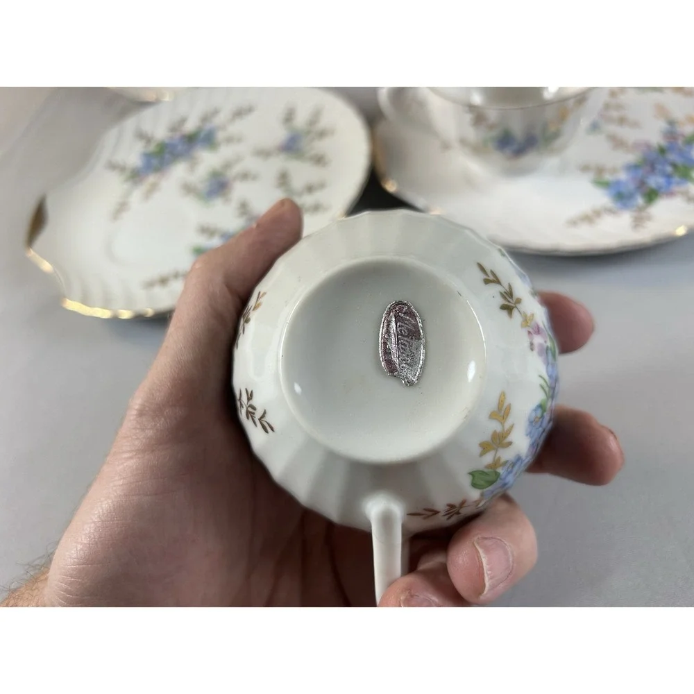 Vintage Japan Tea Cup Saucer Set 4 Blue Floral‎ Gold Trim Scalloped